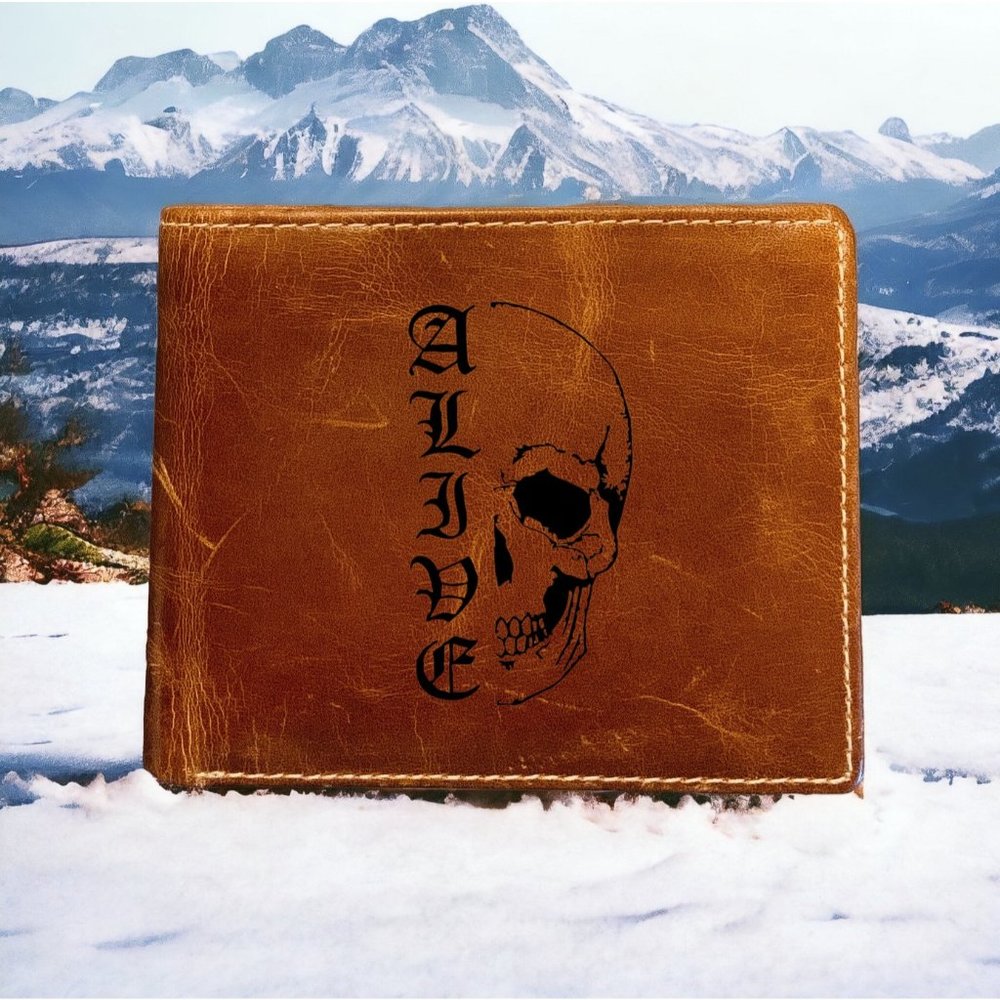 Skull Design Leather Wallet Bifold Alive 100% Genuine Buffalo Premium Quality